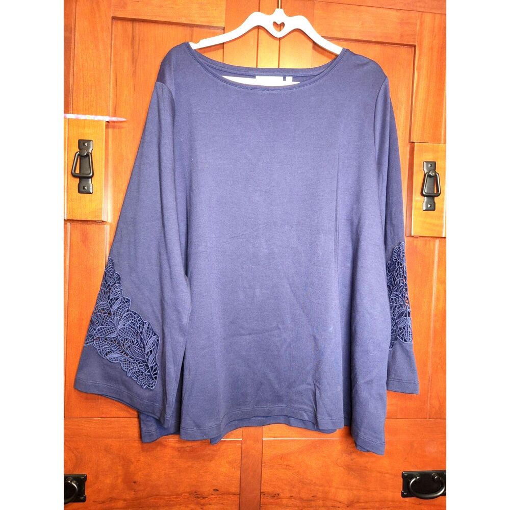 Chico's Passport Blue Knit Boho Top Lace Inset 3/4 Sleeve Women's Size 2X NWT!